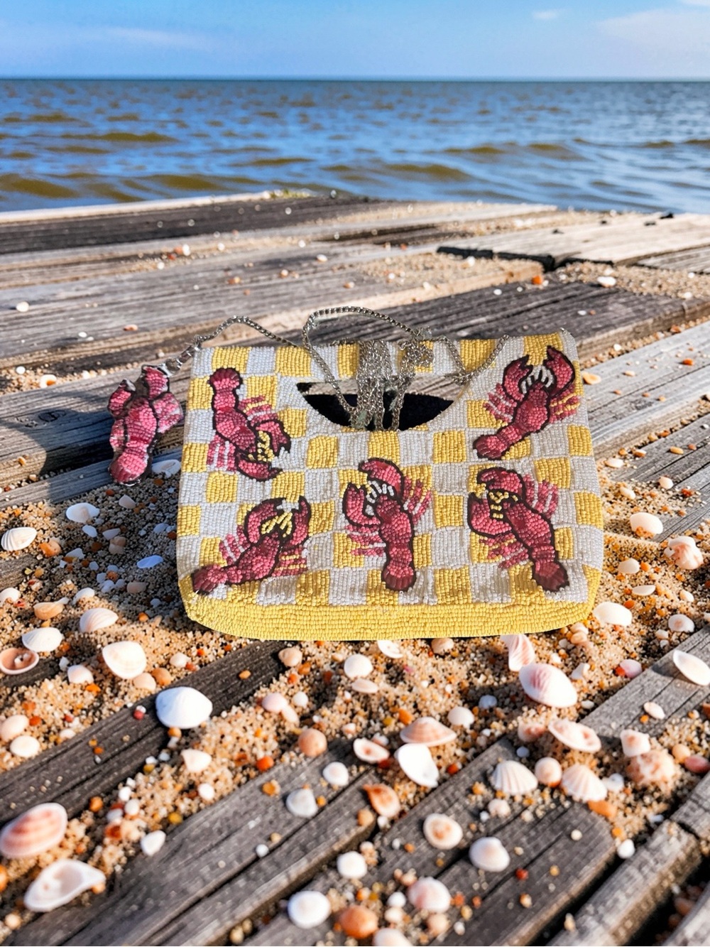 Playful Pink Lobster Checkered Beaded Clutch in Yellow